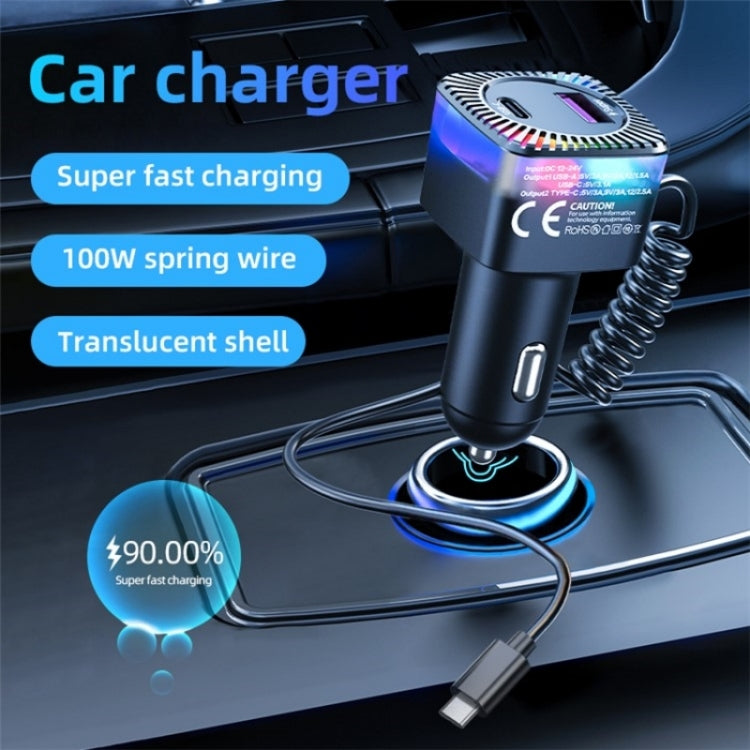 With Spring Type-C Cable USB + Type-C PD 30W Phone Fast Charging Adapter Car Charger - Car Charger by PMC Jewellery | Online Shopping South Africa | PMC Jewellery | Buy Now Pay Later Mobicred