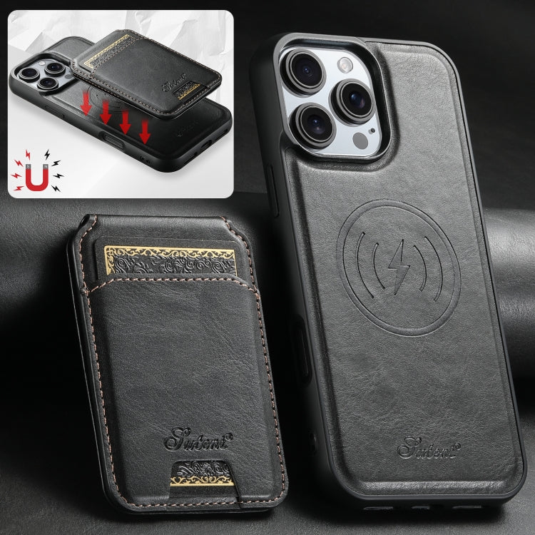 For iPhone 16 Suteni H15 MagSafe Oil Eax Leather Detachable Wallet Back Phone Case(Black) - iPhone 16 Cases by Suteni | Online Shopping South Africa | PMC Jewellery | Buy Now Pay Later Mobicred