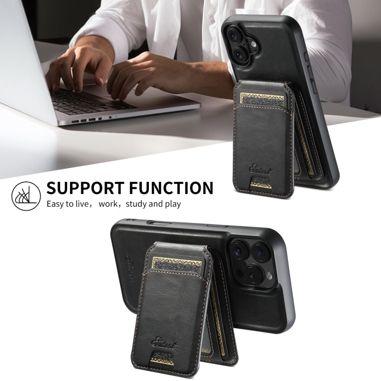 For iPhone 16 Suteni H15 MagSafe Oil Eax Leather Detachable Wallet Back Phone Case(Black) - iPhone 16 Cases by Suteni | Online Shopping South Africa | PMC Jewellery | Buy Now Pay Later Mobicred