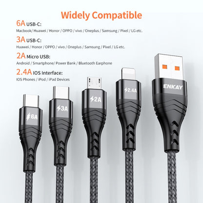 ENKAY 4-in-1 6A USB-A to Type-C / 8 Pin / Micro USB Multifunction Fast Charging Cable, Cable Length:2m(Black) - Multifunction Cable by ENKAY | Online Shopping South Africa | PMC Jewellery