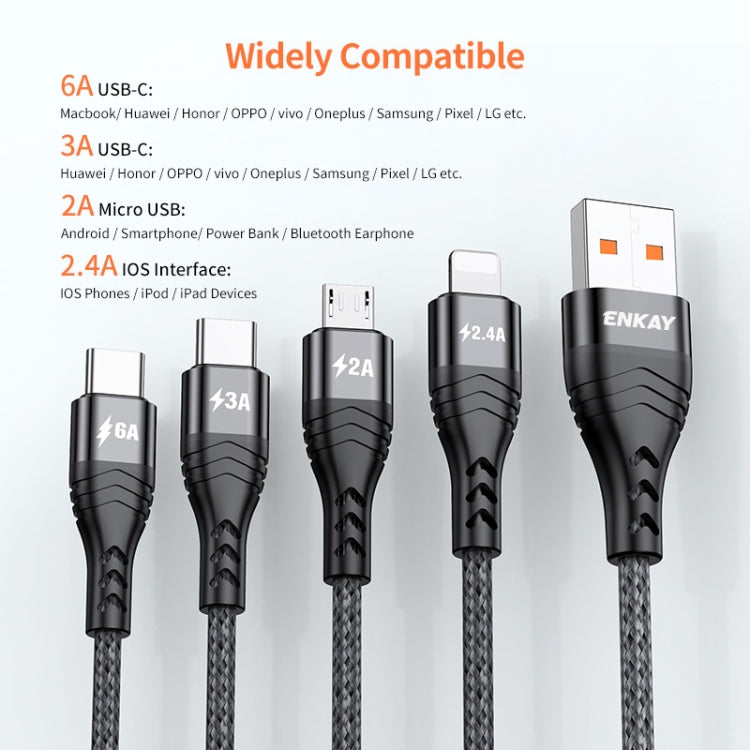 ENKAY 4-in-1 6A USB-A to Type-C / 8 Pin / Micro USB Multifunction Fast Charging Cable, Cable Length:2m(Grey) - Multifunction Cable by ENKAY | Online Shopping South Africa | PMC TechLife | Buy Now Pay Later Mobicred