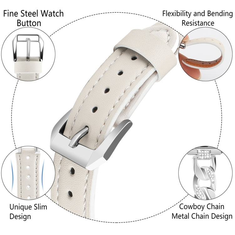 For Apple Watch Series 9 41mm Rhinestone Denim Chain Leather Watch Band(Beige) - Watch Bands by PMC Jewellery | Online Shopping South Africa | PMC Jewellery