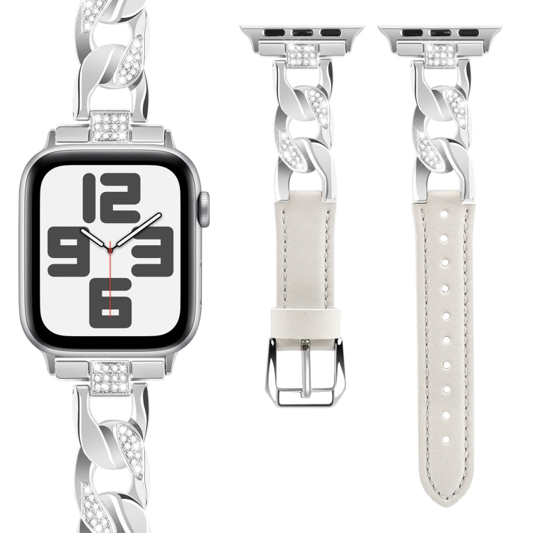 For Apple Watch Series 9 41mm Rhinestone Denim Chain Leather Watch Band(Beige) - Watch Bands by PMC Jewellery | Online Shopping South Africa | PMC Jewellery