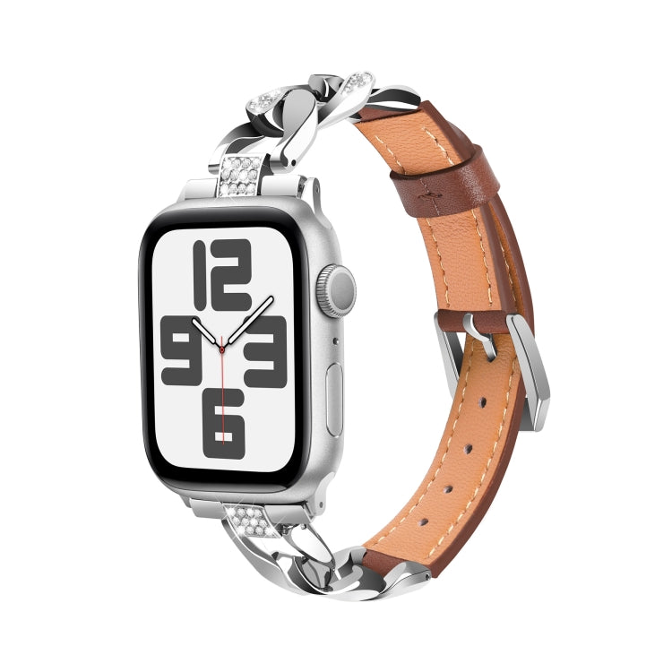 For Apple Watch Ultra 49mm Rhinestone Denim Chain Leather Watch Band(Brown) - Watch Bands by PMC TechLife | Online Shopping South Africa | PMC TechLife | Buy Now Pay Later Mobicred