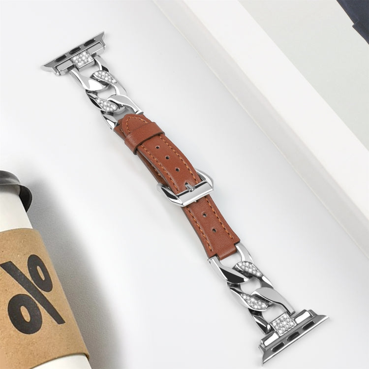 For Apple Watch Ultra 49mm Rhinestone Denim Chain Leather Watch Band(Brown) - Watch Bands by PMC TechLife | Online Shopping South Africa | PMC TechLife | Buy Now Pay Later Mobicred
