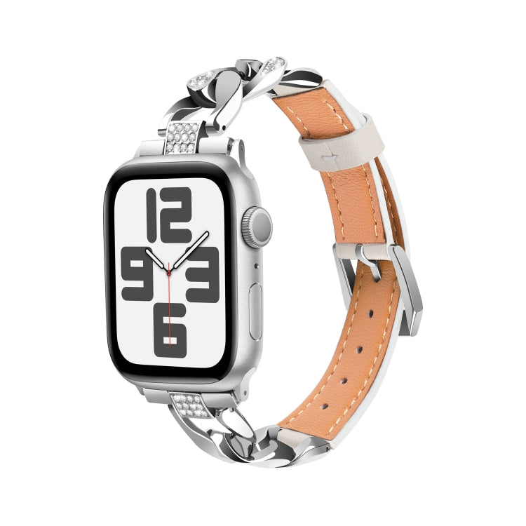 For  Apple Watch Series 8 41mm Rhinestone Denim Chain Leather Watch Band(Beige) - Watch Bands by PMC TechLife | Online Shopping South Africa | PMC TechLife | Buy Now Pay Later Mobicred