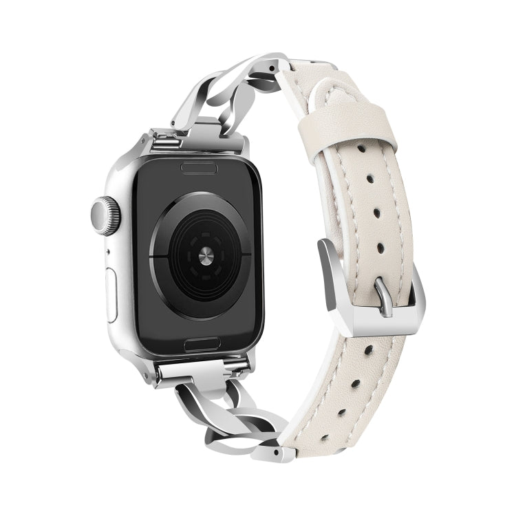 For  Apple Watch Series 8 41mm Rhinestone Denim Chain Leather Watch Band(Beige) - Watch Bands by PMC TechLife | Online Shopping South Africa | PMC TechLife | Buy Now Pay Later Mobicred