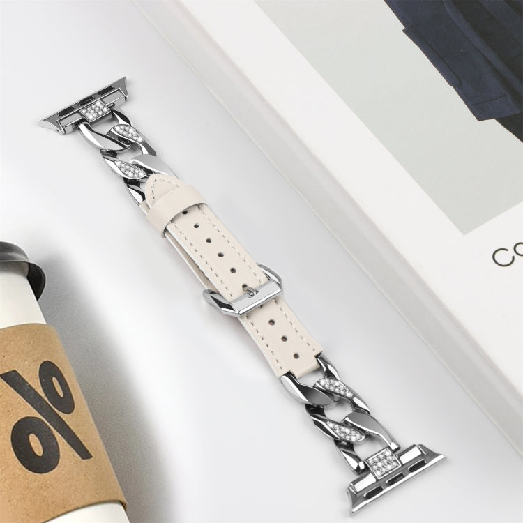 For  Apple Watch Series 8 41mm Rhinestone Denim Chain Leather Watch Band(Beige) - Watch Bands by PMC TechLife | Online Shopping South Africa | PMC TechLife | Buy Now Pay Later Mobicred