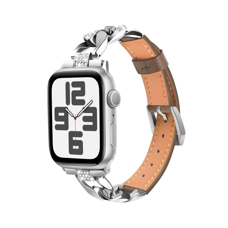 For  Apple Watch Series 8 41mm Rhinestone Denim Chain Leather Watch Band(Dark Brown) - Watch Bands by PMC TechLife | Online Shopping South Africa | PMC TechLife | Buy Now Pay Later Mobicred