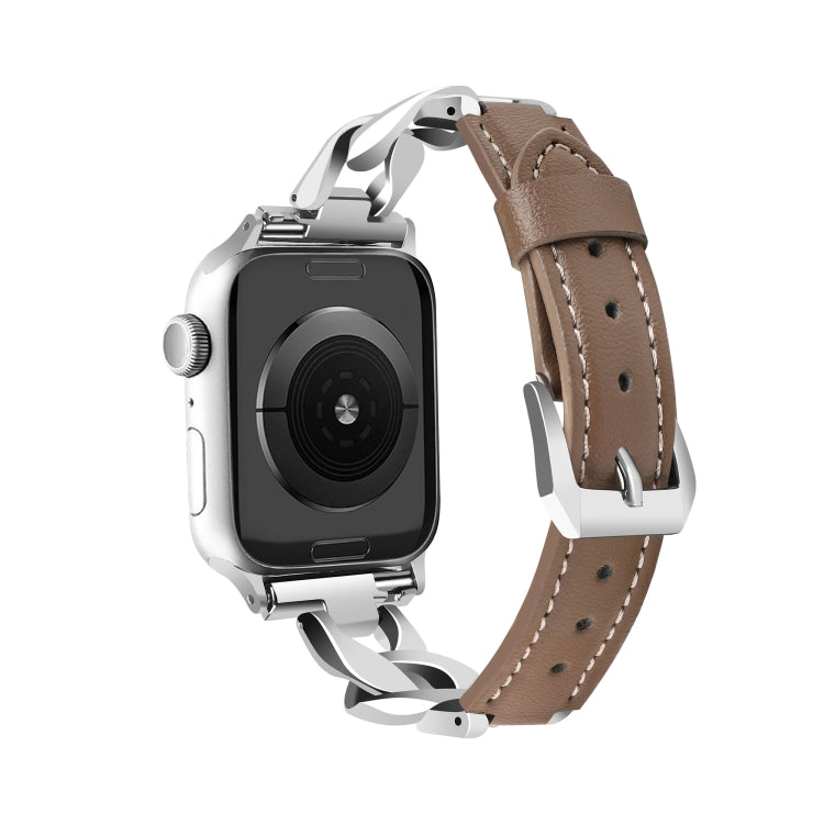 For  Apple Watch Series 8 41mm Rhinestone Denim Chain Leather Watch Band(Dark Brown) - Watch Bands by PMC TechLife | Online Shopping South Africa | PMC TechLife | Buy Now Pay Later Mobicred
