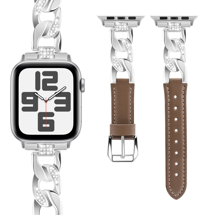 For  Apple Watch Series 8 41mm Rhinestone Denim Chain Leather Watch Band(Dark Brown) - Watch Bands by PMC TechLife | Online Shopping South Africa | PMC TechLife | Buy Now Pay Later Mobicred