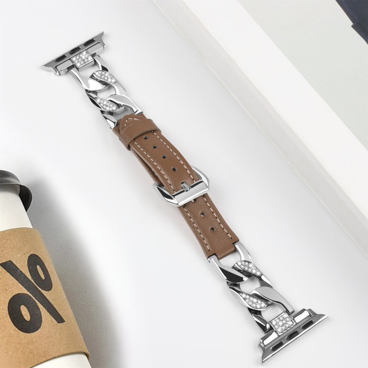 For  Apple Watch Series 8 41mm Rhinestone Denim Chain Leather Watch Band(Dark Brown) - Watch Bands by PMC TechLife | Online Shopping South Africa | PMC TechLife | Buy Now Pay Later Mobicred