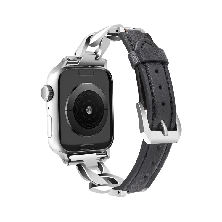 For Apple Watch Series 6 40mm Rhinestone Denim Chain Leather Watch Band(Black) - Watch Bands by PMC TechLife | Online Shopping South Africa | PMC TechLife | Buy Now Pay Later Mobicred