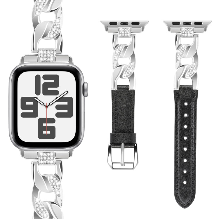 For Apple Watch Series 6 40mm Rhinestone Denim Chain Leather Watch Band(Black) - Watch Bands by PMC TechLife | Online Shopping South Africa | PMC TechLife | Buy Now Pay Later Mobicred