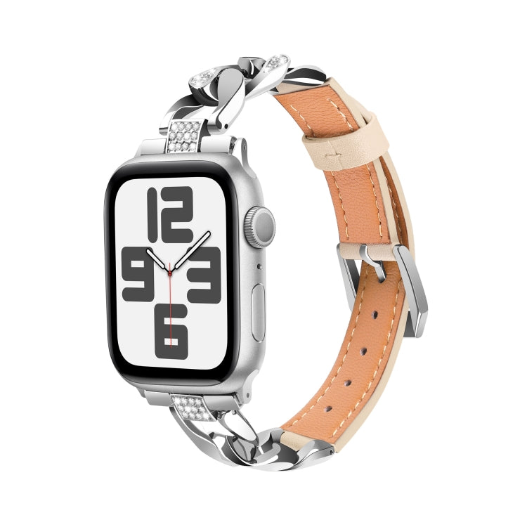 For Apple Watch Series 6 40mm Rhinestone Denim Chain Leather Watch Band(Apricot) - Watch Bands by PMC TechLife | Online Shopping South Africa | PMC TechLife | Buy Now Pay Later Mobicred