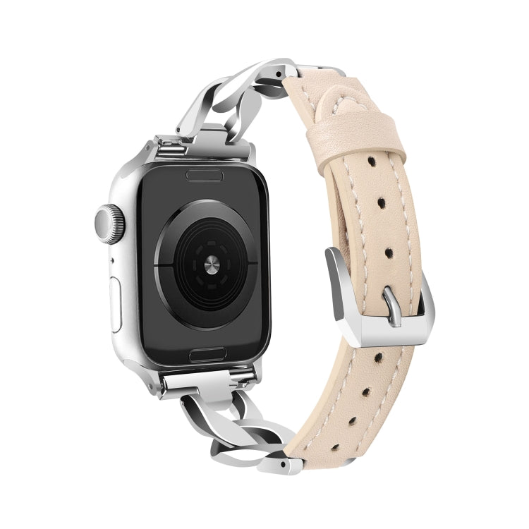 For Apple Watch Series 6 40mm Rhinestone Denim Chain Leather Watch Band(Apricot) - Watch Bands by PMC TechLife | Online Shopping South Africa | PMC TechLife | Buy Now Pay Later Mobicred