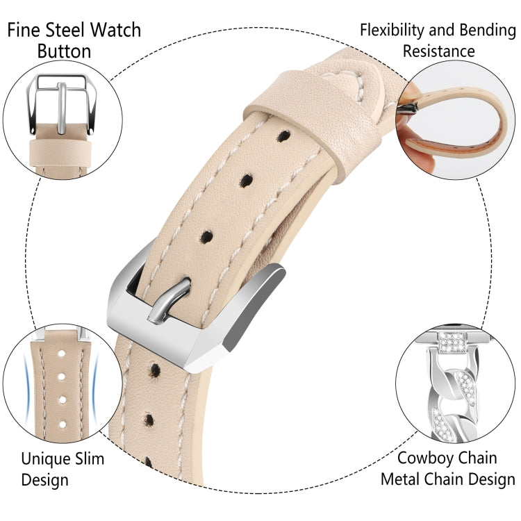 For Apple Watch Series 6 40mm Rhinestone Denim Chain Leather Watch Band(Apricot) - Watch Bands by PMC TechLife | Online Shopping South Africa | PMC TechLife | Buy Now Pay Later Mobicred