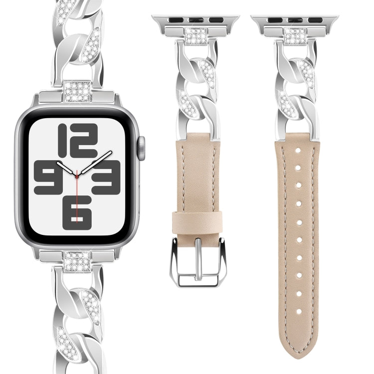 For Apple Watch Series 6 40mm Rhinestone Denim Chain Leather Watch Band(Apricot) - Watch Bands by PMC TechLife | Online Shopping South Africa | PMC TechLife | Buy Now Pay Later Mobicred