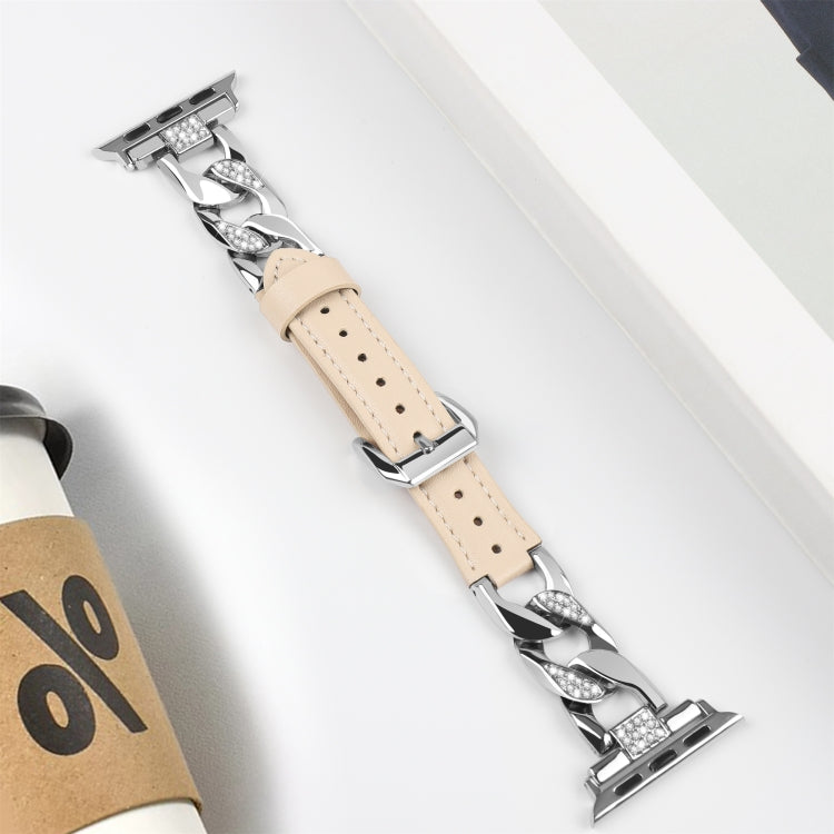 For Apple Watch Series 6 40mm Rhinestone Denim Chain Leather Watch Band(Apricot) - Watch Bands by PMC TechLife | Online Shopping South Africa | PMC TechLife | Buy Now Pay Later Mobicred