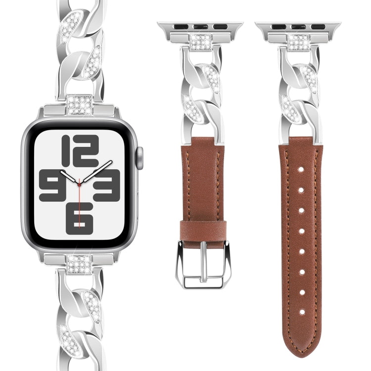 For Apple Watch Series 6 40mm Rhinestone Denim Chain Leather Watch Band(Brown) - Watch Bands by PMC TechLife | Online Shopping South Africa | PMC TechLife | Buy Now Pay Later Mobicred