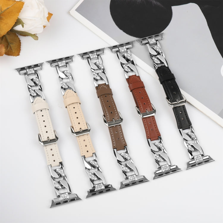 For Apple Watch Series 3 42mm Rhinestone Denim Chain Leather Watch Band(Dark Brown) - Watch Bands by PMC Jewellery | Online Shopping South Africa | PMC Jewellery