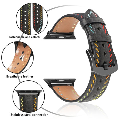 For Apple Watch SE 2023 40mm Colorful Sewing Thread Leather Watch Band(Black) - Watch Bands by PMC Jewellery | Online Shopping South Africa | PMC Jewellery