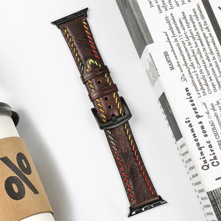 For Apple Watch Ultra 2 49mm Colorful Sewing Thread Leather Watch Band(Dark Brown) - Watch Bands by PMC TechLife | Online Shopping South Africa | PMC TechLife | Buy Now Pay Later Mobicred