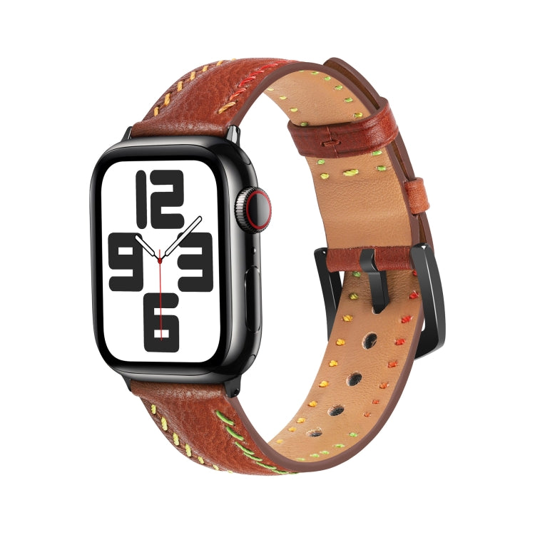 For Apple Watch Series 8 41mm Colorful Sewing Thread Leather Watch Band(Brown) - Watch Bands by PMC Jewellery | Online Shopping South Africa | PMC Jewellery