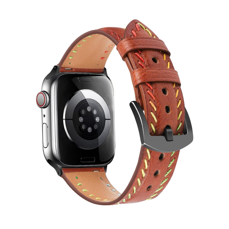 For Apple Watch Series 8 41mm Colorful Sewing Thread Leather Watch Band(Brown) - Watch Bands by PMC Jewellery | Online Shopping South Africa | PMC Jewellery