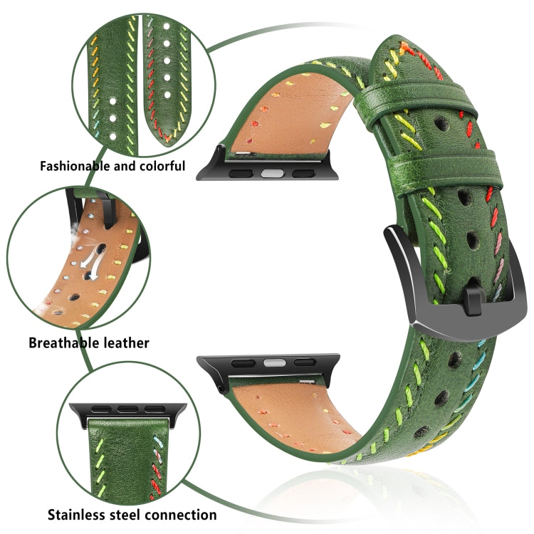 For Apple Watch Series 3 42mm Colorful Sewing Thread Leather Watch Band(Green) - Watch Bands by PMC TechLife | Online Shopping South Africa | PMC TechLife | Buy Now Pay Later Mobicred