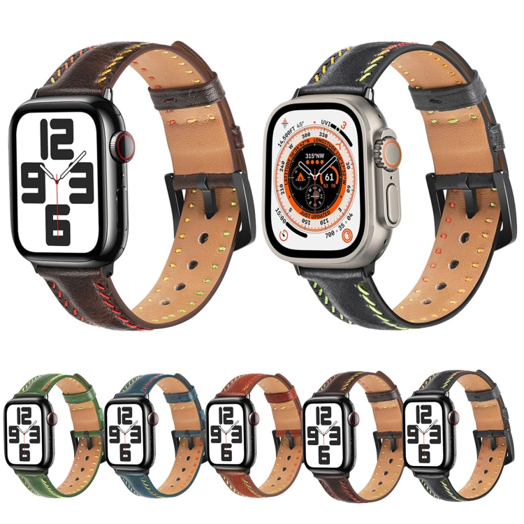 For Apple Watch Series 3 42mm Colorful Sewing Thread Leather Watch Band(Green) - Watch Bands by PMC TechLife | Online Shopping South Africa | PMC TechLife | Buy Now Pay Later Mobicred