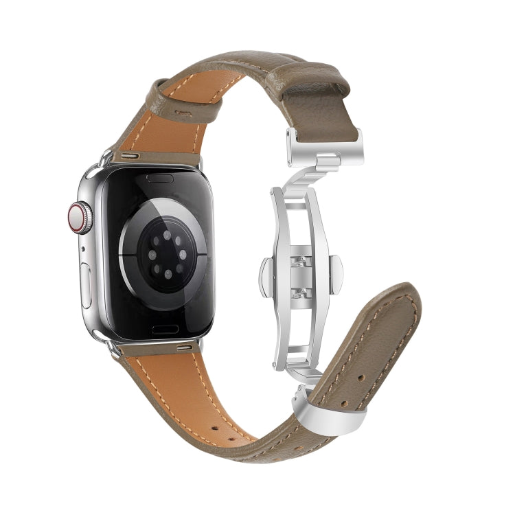 For Apple Watch SE 2023 44mm Plain Leather Butterfly Buckle Watch Band(Gray+Silver) - free shipping - PMC TechLife - Order now!