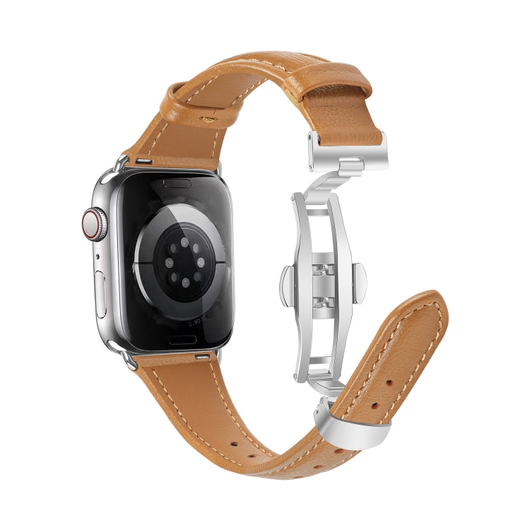 For Apple Watch SE 2023 44mm Plain Leather Butterfly Buckle Watch Band(Brown+Silver) - free shipping - PMC TechLife - Order now!