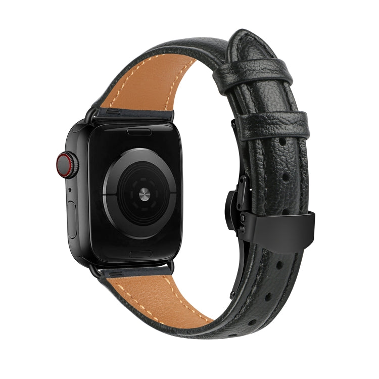 For Apple Watch Ultra 2 49mm Plain Leather Butterfly Buckle Watch Band(Black+Black) - Watch Bands by PMC TechLife | Online Shopping South Africa | PMC TechLife | Buy Now Pay Later Mobicred