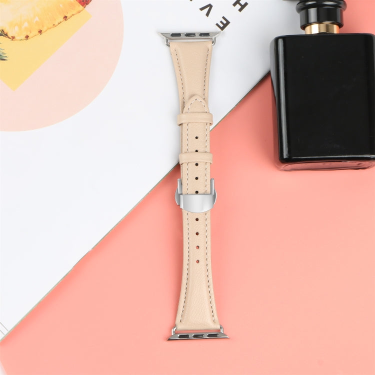 For Apple Watch Series 9 45mm Plain Leather Butterfly Buckle Watch Band(Apricot+Silver) - free shipping - PMC TechLife - Order now!