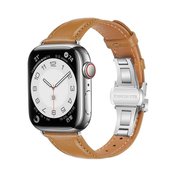 For Apple Watch Series 9 45mm Plain Leather Butterfly Buckle Watch Band(Brown+Silver) - free shipping - PMC TechLife - Order now!