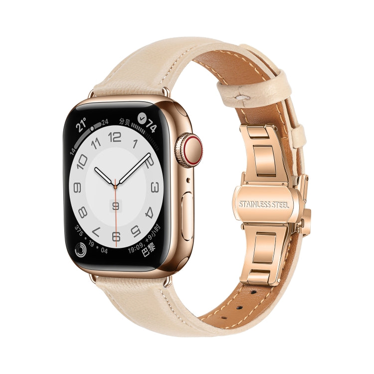 For Apple Watch Series 9 45mm Plain Leather Butterfly Buckle Watch Band(Apricot+Rose Gold) - free shipping - PMC TechLife - Order now!