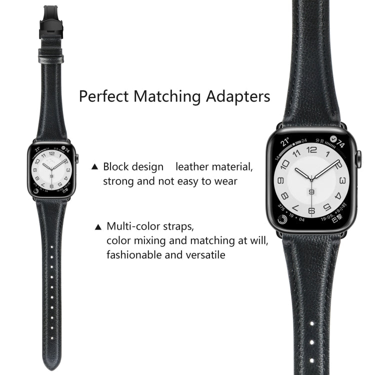 For Apple Watch Series 9 41mm Plain Leather Butterfly Buckle Watch Band(Black+Black) - Watch Bands by PMC TechLife | Online Shopping South Africa | PMC TechLife | Buy Now Pay Later Mobicred