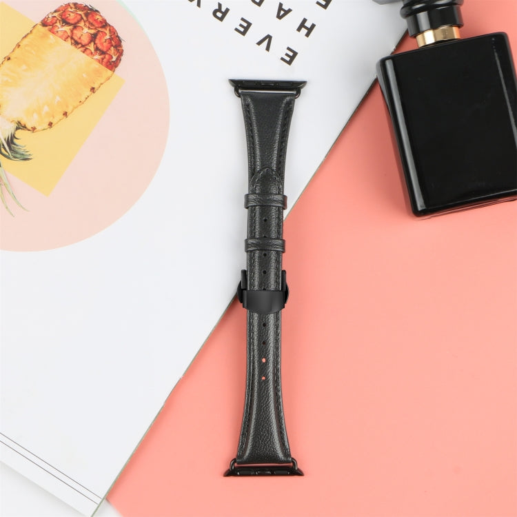 For Apple Watch Series 9 41mm Plain Leather Butterfly Buckle Watch Band(Black+Black) - Watch Bands by PMC TechLife | Online Shopping South Africa | PMC TechLife | Buy Now Pay Later Mobicred