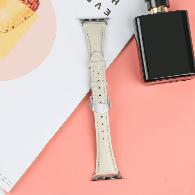 For Apple Watch Ultra 49mm Plain Leather Butterfly Buckle Watch Band(Beige+Silver) - free shipping - PMC TechLife - Order now!