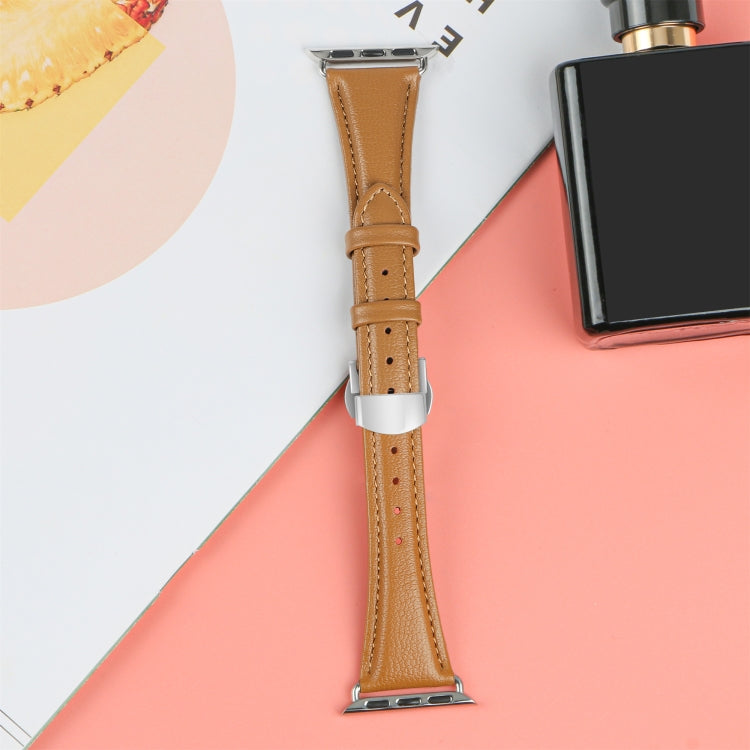For Apple Watch Series 8 41mm Plain Leather Butterfly Buckle Watch Band(Brown+Silver) - free shipping - PMC TechLife - Order now!