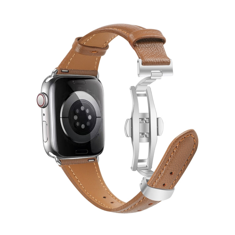For Apple Watch Series 8 45mm Plain Leather Butterfly Buckle Watch Band(Dark Brown+Silver) - free shipping - PMC TechLife - Order now!