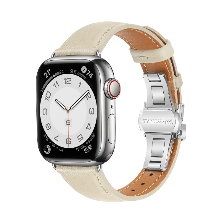 For Apple Watch Series 8 45mm Plain Leather Butterfly Buckle Watch Band(Beige+Silver) - free shipping - PMC TechLife - Order now!