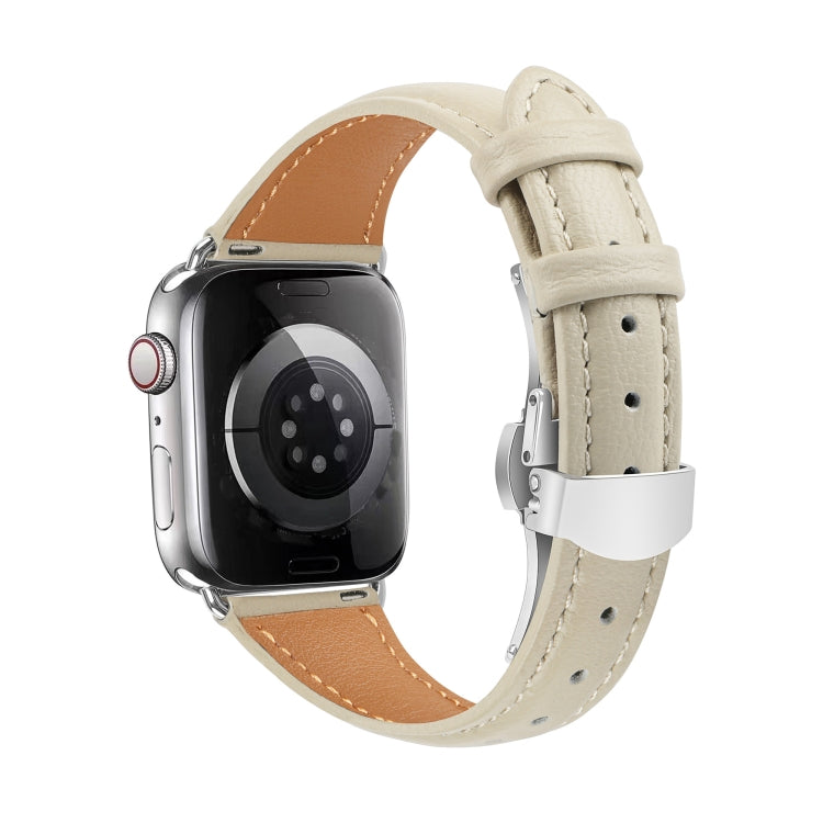 For Apple Watch Series 8 45mm Plain Leather Butterfly Buckle Watch Band(Beige+Silver) - free shipping - PMC TechLife - Order now!