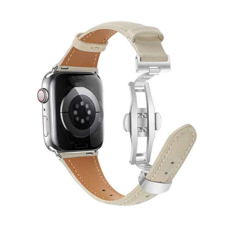 For Apple Watch Series 8 45mm Plain Leather Butterfly Buckle Watch Band(Beige+Silver) - free shipping - PMC TechLife - Order now!