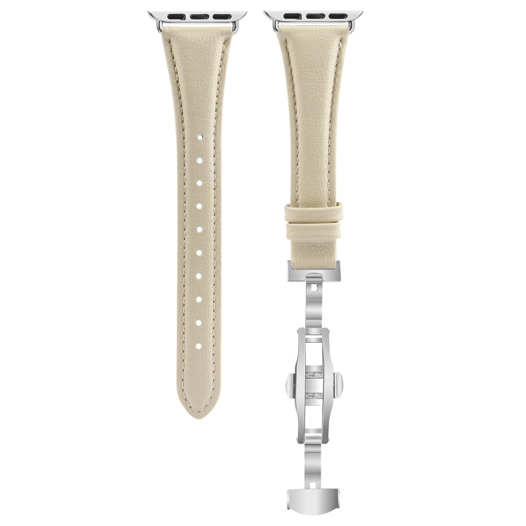 For Apple Watch Series 8 45mm Plain Leather Butterfly Buckle Watch Band(Beige+Silver) - free shipping - PMC TechLife - Order now!
