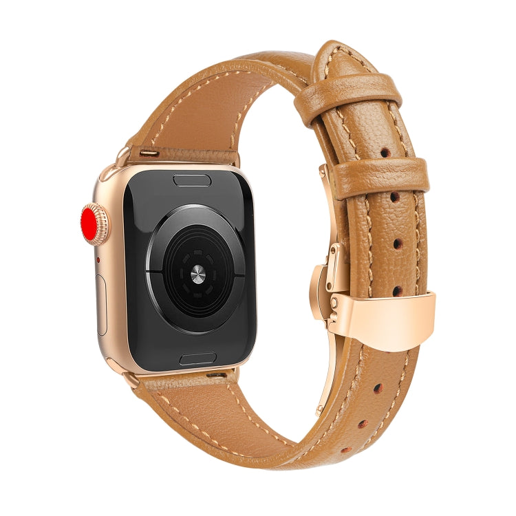 For Apple Watch Series 8 45mm Plain Leather Butterfly Buckle Watch Band(Brown+Rose Gold) - free shipping - PMC TechLife - Order now!