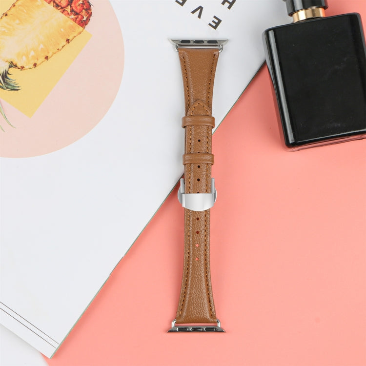 For Apple Watch SE 2022 40mm Plain Leather Butterfly Buckle Watch Band(Dark Brown+Silver) - free shipping - PMC TechLife - Order now!