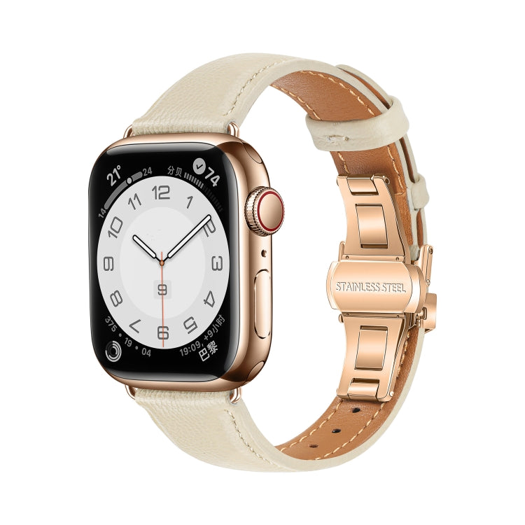 For Apple Watch SE 2022 40mm Plain Leather Butterfly Buckle Watch Band(Beige+Rose Gold) - free shipping - PMC TechLife - Order now!