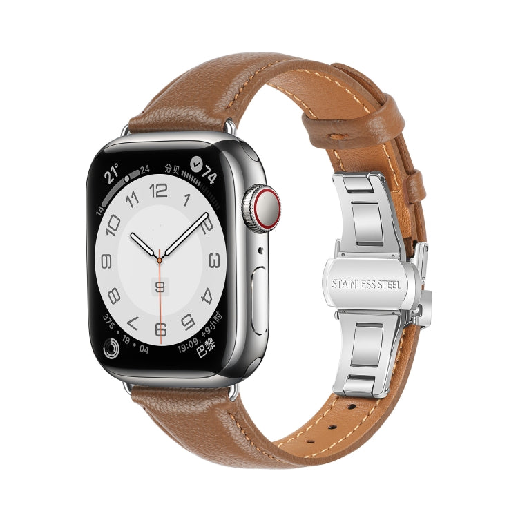 For Apple Watch SE 2022 44mm Plain Leather Butterfly Buckle Watch Band(Dark Brown+Silver) - free shipping - PMC TechLife - Order now!